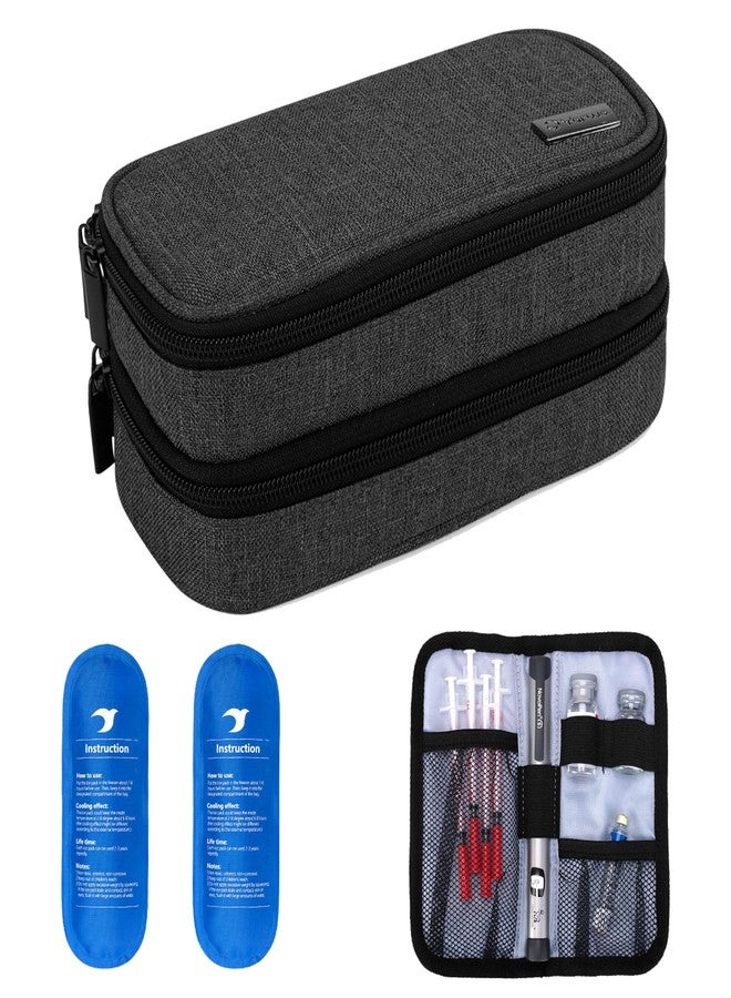 Yarwo Insulin Cooler Travel Case, Double-Layer Diabetic Travel Case with 2 Ice Packs, Diabetic Supplies Organizer for Insulin Pens, Blood Glucose Monitors or Other Diabetes Care Accessories, Black - Image 1